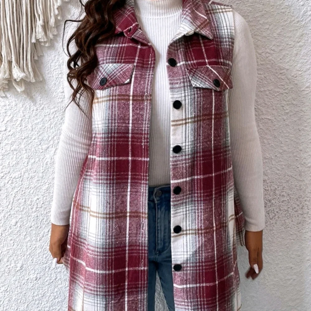 NEW PLUS SZ PLAID FLAP DETAIL VEST COAT - Picture 6 of 8